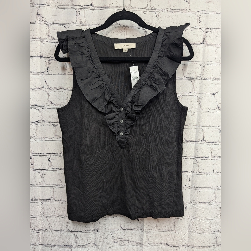 LOFT Black Ruffle V-Neck Sleeveless Tank